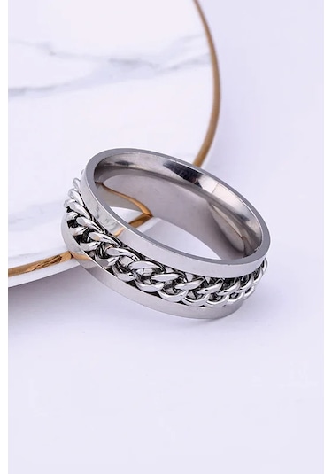 Ortası Dönebilen Zincirli Erkek Kadın Anti-stres Çelik Alyans Yüzük Cl43 Beyaz