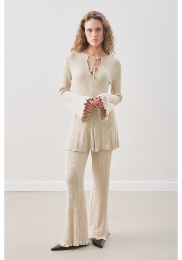 Volanlı Lastik Örgü Tunik Bej Bej