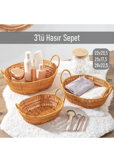 Porsima 302a 3lü Düzenleyici Oval Hasır Sepet Seti Ekmeklik Sepet