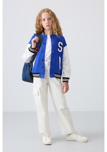 Tommy Life Gece Mavi Pamuklu İçi Tüylü Yumuşak Dokulu Standart Fit Nakışlı Kız Çocuk Kolej Ceket - 75163 Mavi