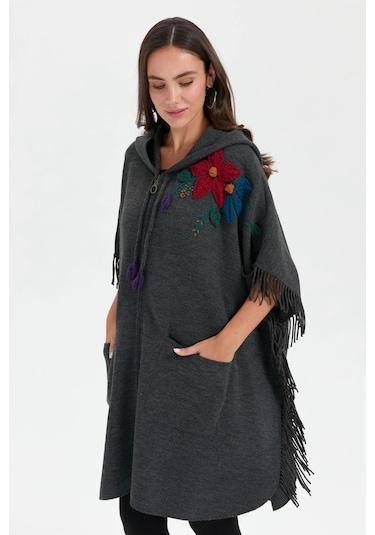 Desen Triko Kadın Kapüşonlu Omzu Çiçek İşlemeli Panço 24064 K.füme K.füme Koyu Füme