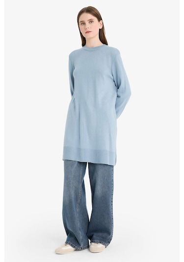 Defacto Regular Fit Bisiklet Yaka Yırtmaçlı Basic Düz Uzun Kollu Tunik H3431az25wnbe174 Mavi