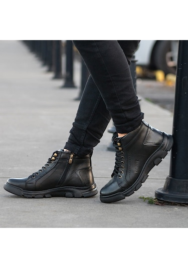 Ghattix Kotta Kışlık Hakiki Deri Erkek Bot Fermuarlı Siyah Siyah
