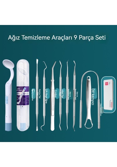 Diş Taşı Sökücü Ağız Bakım Aracı Endoskopik Tıbbi Prob Temizleme Diş Lekeleri Tartar Led Çift Işık Kaynağı Şarj Aynası 9 Adet Işık Yayan Ağız