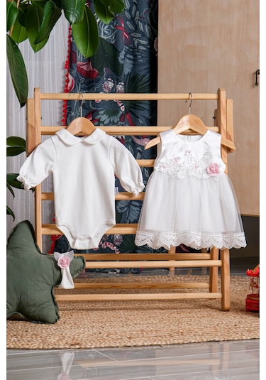 Şimli Çiçekli Dantelli Badili Bandanalı Bebe Mevlütlük Kız Elbise Pembe