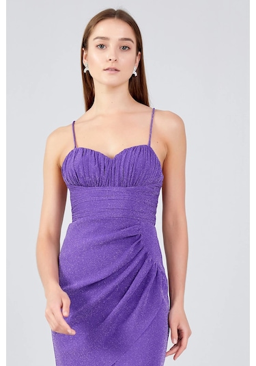 Doridorca Kadın İp Askılı Tül Mini Abiye Elbise 5077 Mor Mor