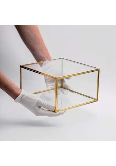 : Büyük Cam Kutu Pirinç & Gold 25x25x15cm