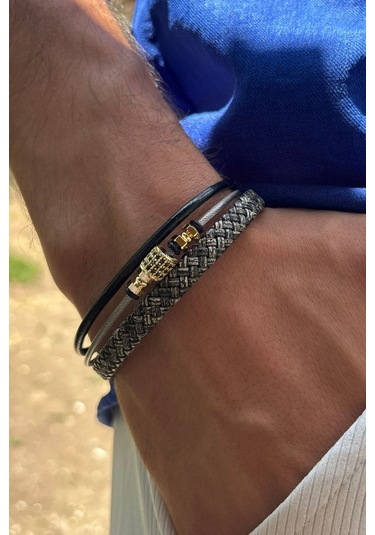 El İşçiliği İle Üretilmiş Hakiki Deri Erkek Bileklik Beyaz - Altın