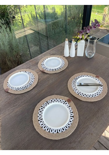 4 Kişilik Yuvarlak Amerikan Servis Özel Tasarım Jüt / Beyaz 33 X 33 Cm Natural