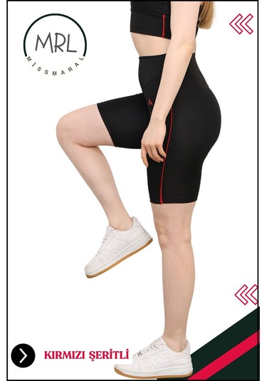Kadın Siyah Yüksek Bel Toparlayıcı Biker Şort Kısa Spor Tayt Likralı Dalgıç Biker Tights 1043 Siyah Kırmızı
