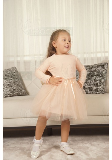 Tüllü Baskısız Düz Üst Kısım Ribana Alt Kısım Astarlı Tütü Etek Kız Çocuk Prenses Uzun Kollu Elbise Uzun-somon Somon