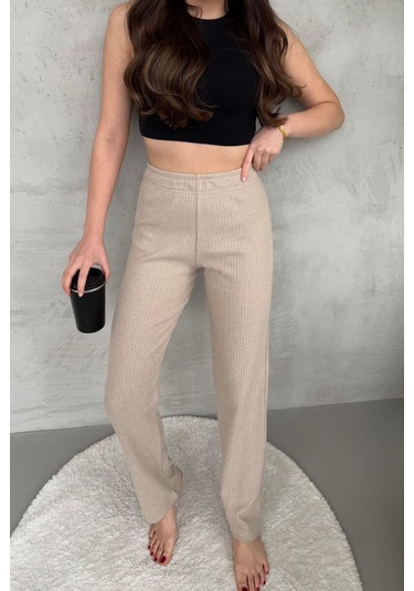 Kadın Vizon Yüksek Bel Fitilli Bol Paça Günlük İnce Eşofman Altı Vizon