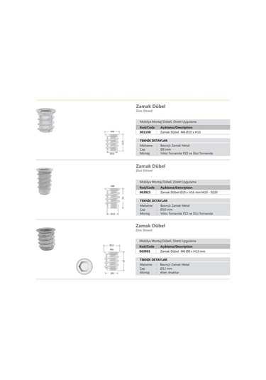 Metal Dübel-Ahşap Mobilya Bağlantı Zamak Vida Yuvası M10-13X15 10 Adet