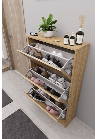 Mirobi Kembe 3 Bölmeli Açılır Modern Dekoratif Ayakkabılık Çam Çam