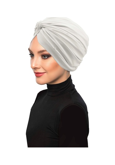 Dizayn Tüllü Kristal Taş İşlemeli Çift Taraflı Astarlı Ekru Hazır Türban Tesettür Abiye Bone Ekru