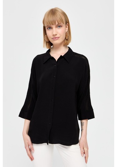 Kadın Kolları Dantel Şeritli Maroken Gömlek Siyah Siyah