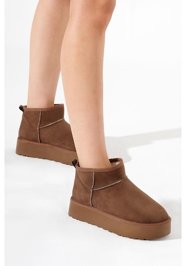 Kalın Poli Taban İçi Kürklü Süet Görünümlü Kadın Taba Bot Tbmhh005 Taba