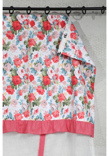 Naturel Potlu Tül Perde Spring Fırfırlı Çiçek Kırmızı