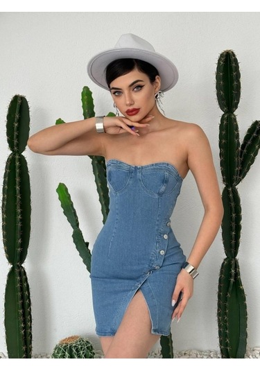 Nerg Düğme Detaylı Elbise Açık Mavi