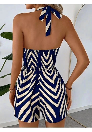 The İstanbul Kadın Boyundan Askılı Halter Yakalı Desenli Süprem Tulum Lacivert