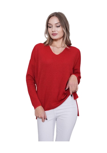 Kadın V Yaka Yaka Simli Kazak 12815 Bgl-st04225 Kırmızı