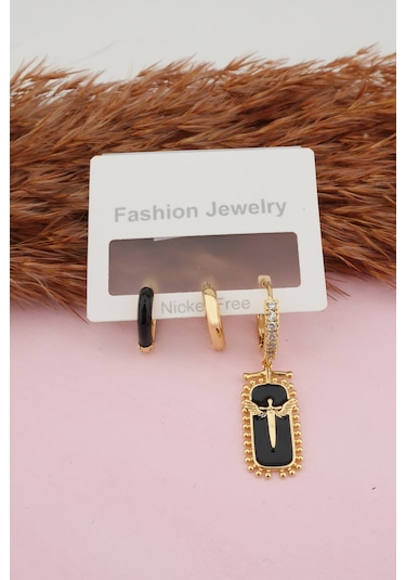 Kadın Kararmaz Mineli Kalp Detaylı Zirkon Küpe Set Altın-M