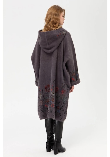 Desen Triko Kadın Triko Kırçiçeği Desenli Afrodit Panço 23065 Antrasit Antrasit