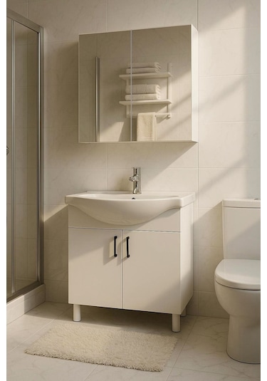 65 Cm Beyaz Mdf Seramik Lavabolu Ayaklı Aynalı Banyo Dolabı Beyaz