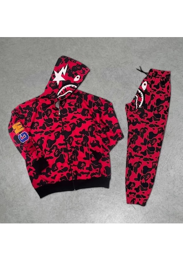 Tarzyeri Unisex Pubg Bape X Shark Eşofman Takımı - Kırmızı 001