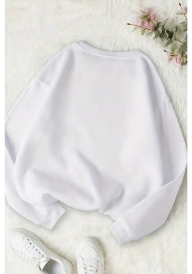 Unisex Beyaz Wanted Baskılı Bisiklet Yaka Sweatshirt- Kışlık Şardonlu Kumaş Beyaz