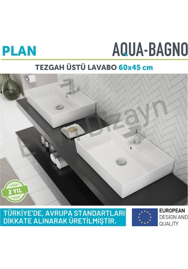 Aqua Bagno Plan Tezgah Üstü Kare Lavabo Beyaz 60 x 45 CM