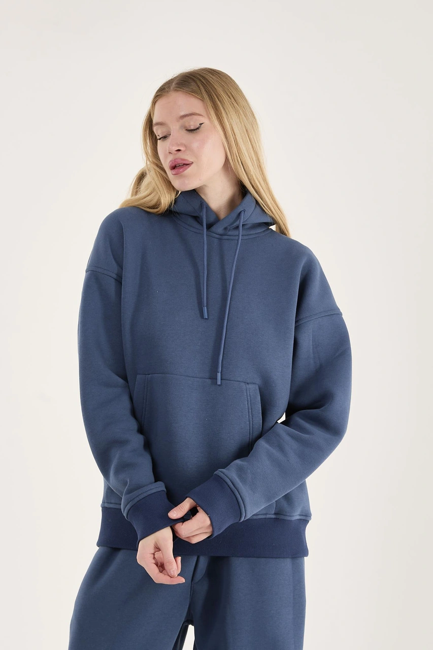 Q-4008 Kapüşonlu Üç İp Şardonlu Sweat İndigo