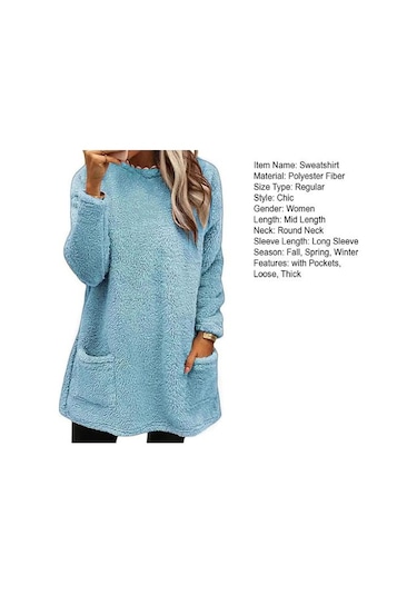 Çift Cepli Bayan Kışlık Sweatshirt Saf Renk Peluş Yuvarlak Yaka Bol Açık Mavi