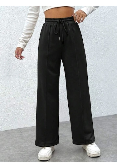 Kallima Siyah Çimalı Yüksek Bel Bol Paça Mevsimlik Eşofman Altı Siyah