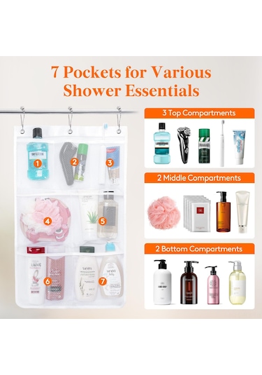 Reedark Banyo İçin Askılı 7 Bölmeli Ağızlı Depolama Çantası - 3 Kanca İle Geniş Kapasiteli Beyaz Organizer Beyaz
