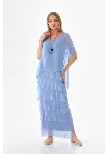 İtalyan 2 Beden İnce Gösteren Yarım Kol Kat Kat Ipek Elbise İndigo Mavi İndigo - Mavi