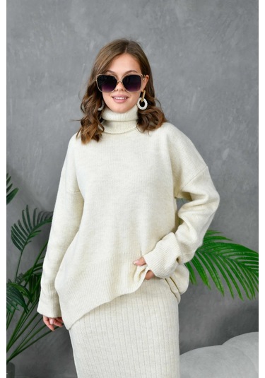 Kadın Balıkçı Yaka Oversize Kazak Uzun Etek İkili Triko Takım Taş