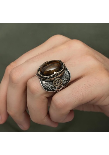 Kaplan Gözü Taşlı Süleyman Mührü 925 Gümüş Erkek Yüzük Beyaz