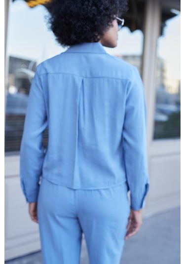 Kadın Likrasız Modal Kumaş Uzun Kol Hafif Kısa Gömlek-indigo Indigo