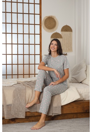 Kadın Yazlık Kısa Kol Penye Süprem Kumaş Pijama Takımı Haki Kalpli