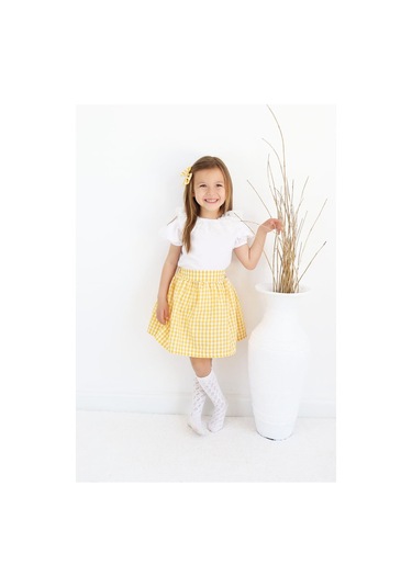 Kız Çocuk Daisy Bisiklet Yaka Dantel Detaylı Kısa Kollu Bluz Ekoseli Etek Toka 3lü Takım Tkm-0189.4 Sarı