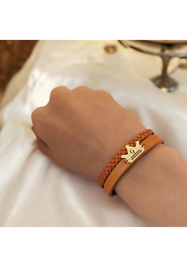 Archin G Harfine Özel Taç Motifli 14 Ayar Altın Plakalı Kahverengi Derili Hediye Bileklik-467harf G