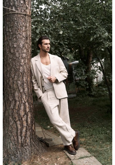 Carlo Naturel Keten Erkek Pantolon Natürel