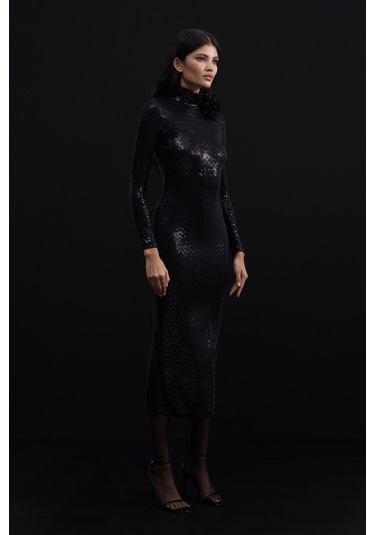 Mathilda Store Kadın Siyah Tasarım Payet Midi Elbise