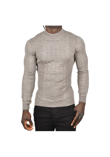 Deepsea Erkek Vizon Yarım Balıkçı Yaka Çizgili Tüylenmeyen Slim Fit Triko Kazak 2505491 Vizon