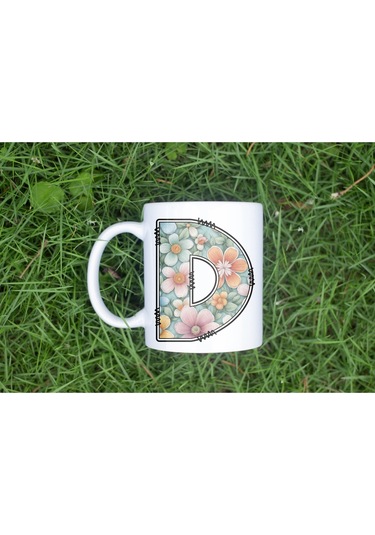 D Harfli Pastel Çiçek Desenli Kahve Kupası - Kişiye Özel Çiçekler Koleksiyonu Bardak - Hediye Beyaz