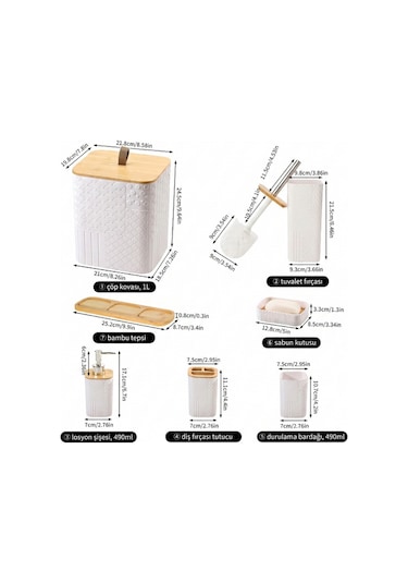 Makri Home Desenli 7 Parça Bambu Kapaklı Ve Aksesuarlı Banyo Seti Çok Renkli