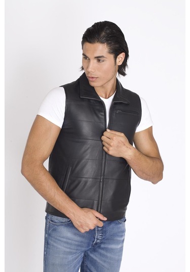 Siyah Gerçek Deri Yelek Siyah