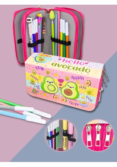 Kalem Kutusu Avocado Kawaii Desen Orginazer Üç Bölmeli Vegan Deri