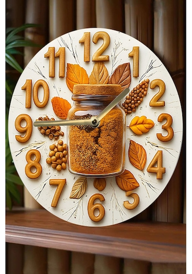 Zamanın Baharatı Kavanoz Temalı Sessiz Yuvarlak Ahşap Duvar Saati, Kuvars Coffe Desen 2d Sdw209 Renkli
